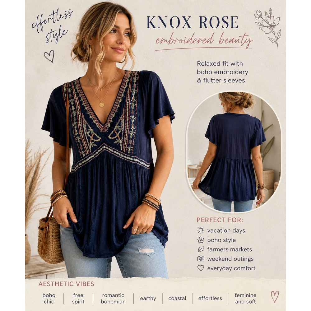 Knox Rose Navy Blue Embroidered Babydoll Peasant Top Rayon Boho V-Neck Medium